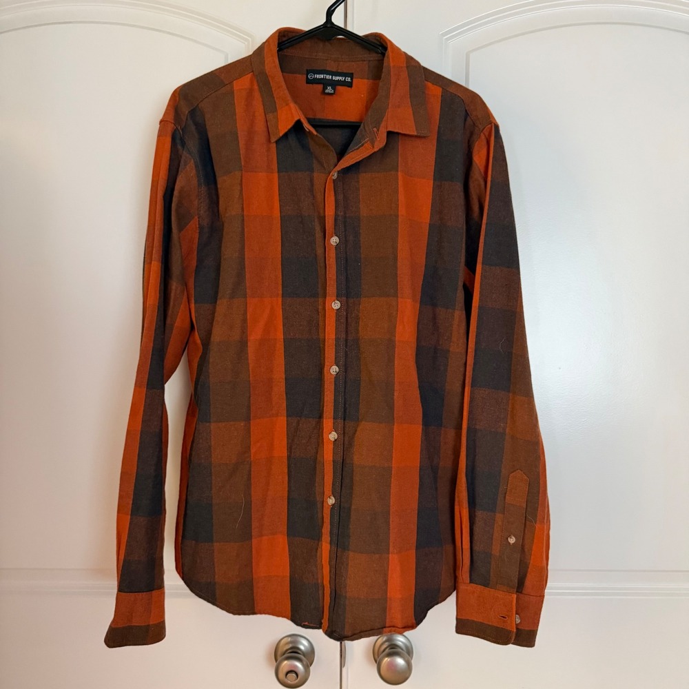 Frontier Supply Co Mens XL Flannel Shirt Orange Brown Buffalo Plaid Button Down
